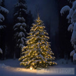 A Christmas Tree Is Lit Up In Snowy Forest At Night Nature Ai Art