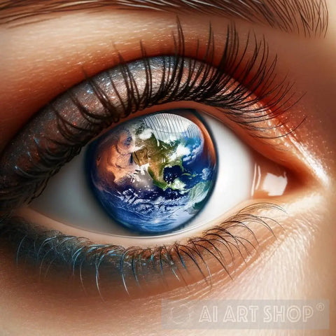A Close-Up Image Of A Womans Eye Reflecting Detailed And Realistic Earth. The Is Vividly Colored