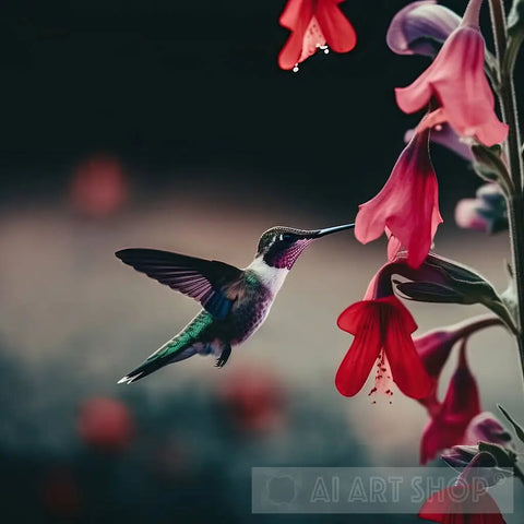 A Closeup Shot Of A Hummingbird Feeding On Blooming Nature Ai Art