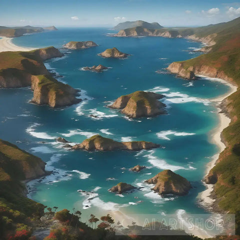 A Coastal Bay With A Group Of Enchanting Islands. Landscape Ai Art