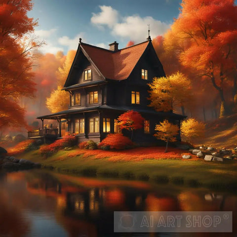 A Cozy House In Autumn Ai Artwork
