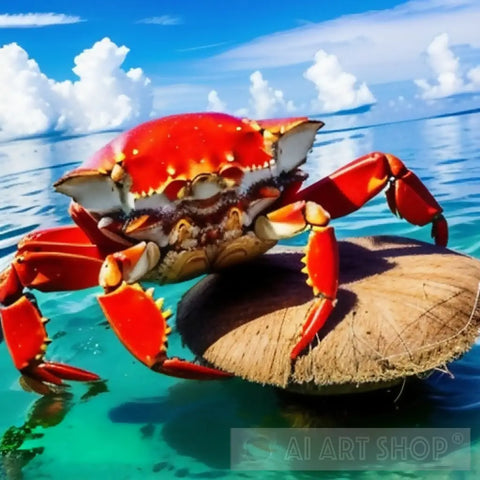 A Crab Sitting On A Coconut Floating In The Middle Of Ocean Animal Ai Art