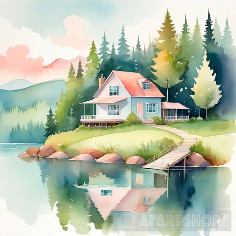 A Cute House With Forest And Lake View Landscape Ai Art