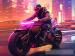 A Cyberpunk Biker Riding A Sleek Futuristic Motorbike Along Neon-Lit Retrowave Landscape During The