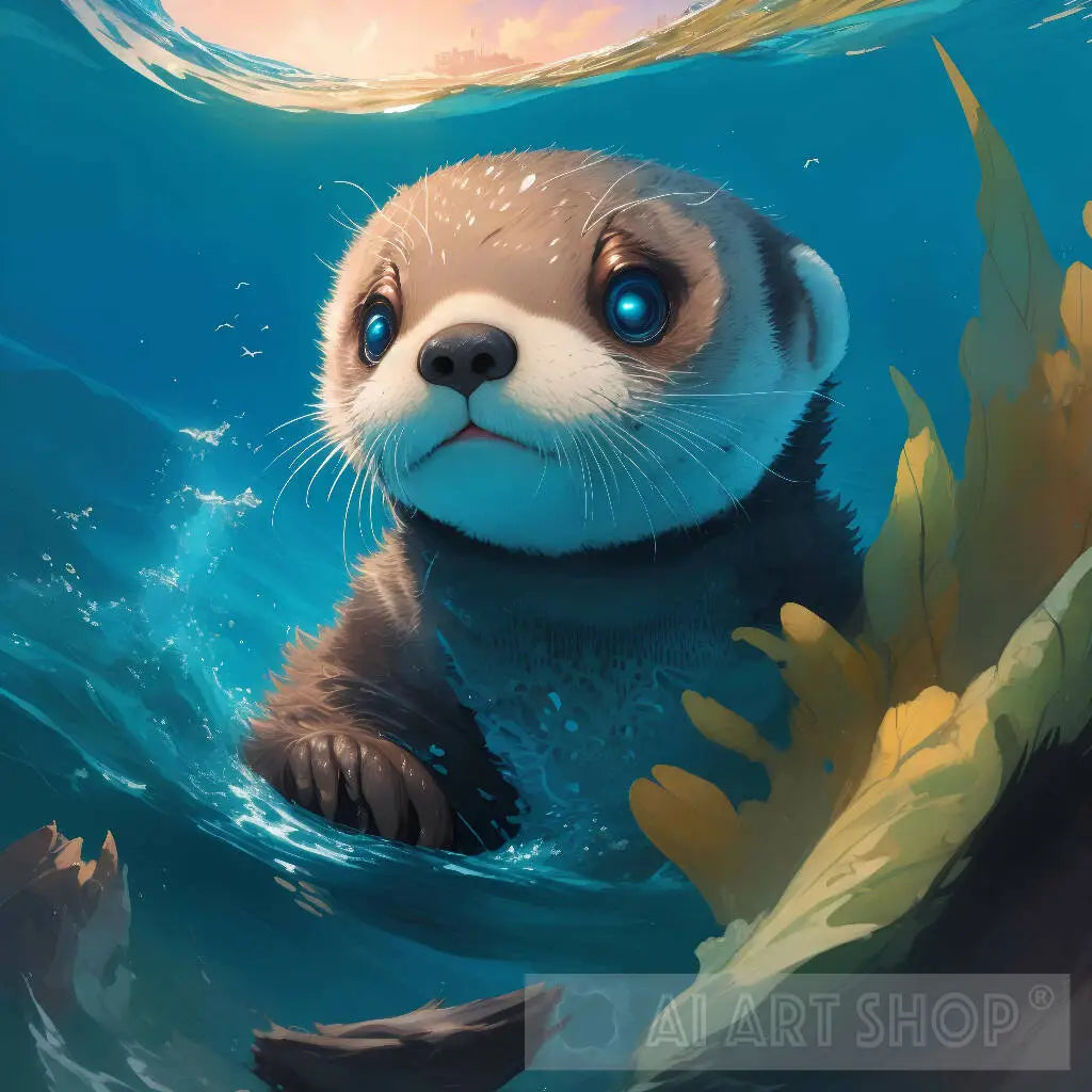 a detailed photograph of a cute baby sea otter peeking his head out...