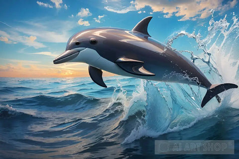 A Dolphin In The Embrace Of Sea Amidst Waves. Animal Ai Art