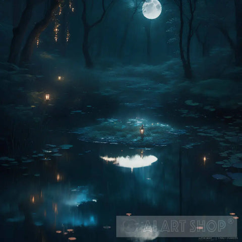 A Dreamy Moonlit Pond In Dense Forest. Nature Ai Art