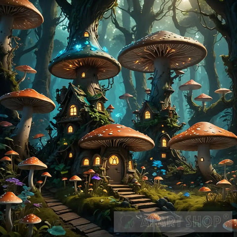 A Fairy Mushroom House In An Enchanted Bioluminescent Forest Ai Artwork