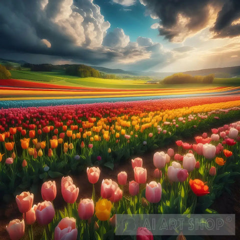 A Field Of Tulips In Different Colors Under A Blue Sky Nature Ai Art