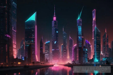 A Futuristic Cityscape With Sleek Skyscrapers Reaching Towards The Sky Illuminated By Neon Lights.