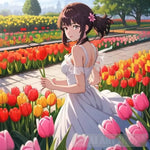 A Girl Standing Among The Tulips. Landscape Ai Art