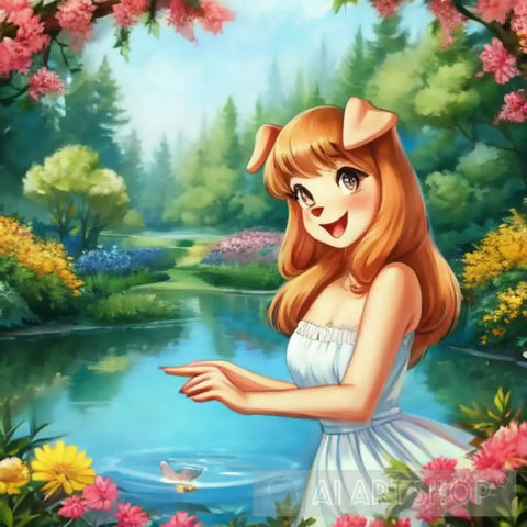 A Girl With The Face Of A Dog On Riverbank. Landscape Ai Art