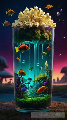 A Glass Jar With Bunch Of Fishes Fireflies Mushrooms And Popcorn Modern Ai Art