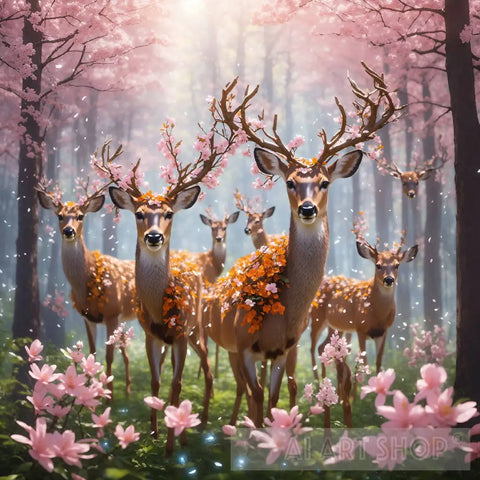 A Group Of Beautiful Deer In The Forest. Animal Ai Art