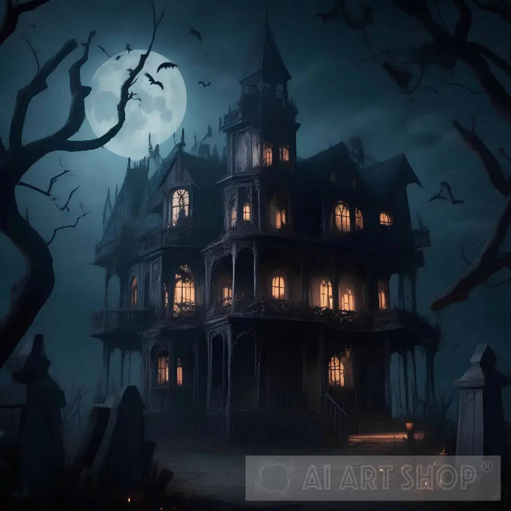 A haunted house with a sinister atmosphere, filled with eerie decor...
