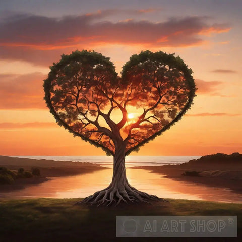 A Heart-Shaped Tree With A Sunset Background For Happy Valentines Day 2 Ai Artwork