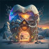 A House In The Shape Of Giant Teeth Made Crystal With Neon Lights And Various Flowers Ai Artwork