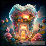 A House In The Shape Of Giant Teeth Made Crystal With Neon Lights And Various Flowers Ai Artwork