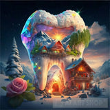 A House In The Shape Of Giant Teeth Made Crystal With Neon Lights And Various Flowers Ai Artwork