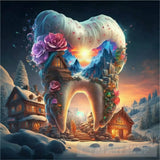 A House In The Shape Of Giant Teeth Made Crystal With Neon Lights And Various Flowers Ai Artwork
