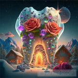 A House In The Shape Of Giant Teeth Made Crystal With Neon Lights And Various Flowers Ai Artwork