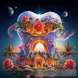 A House In The Shape Of Giant Teeth Made Crystal With Neon Lights And Various Flowers Ai Artwork