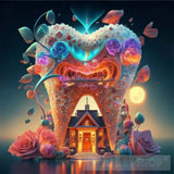 A House In The Shape Of Giant Teeth Made Crystal With Neon Lights And Various Flowers Ai Artwork