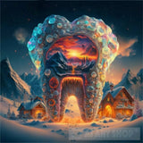 A House In The Shape Of Giant Teeth Made Crystal With Neon Lights And Various Flowers Ai Artwork