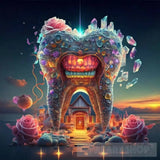 A House In The Shape Of Giant Teeth Made Crystal With Neon Lights And Various Flowers Ai Artwork