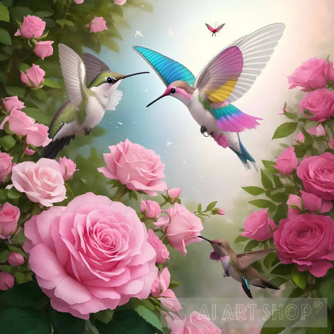 A Hummingbird And Butterfly Playing Together Over Bush Of Pink White Roses Nature Ai Art