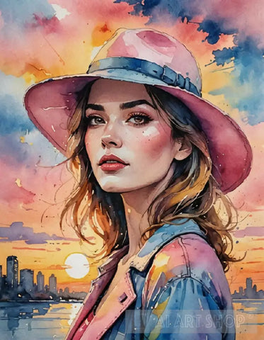 A Lady With Hat At Sunset Portrait Ai Art