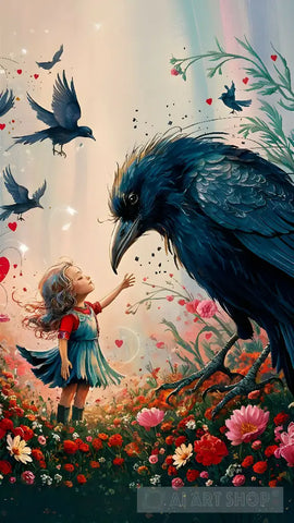 A Little Girl And A Bird Look At Wonderful Collection Of Colorful Flowers Birds Around Them Animal