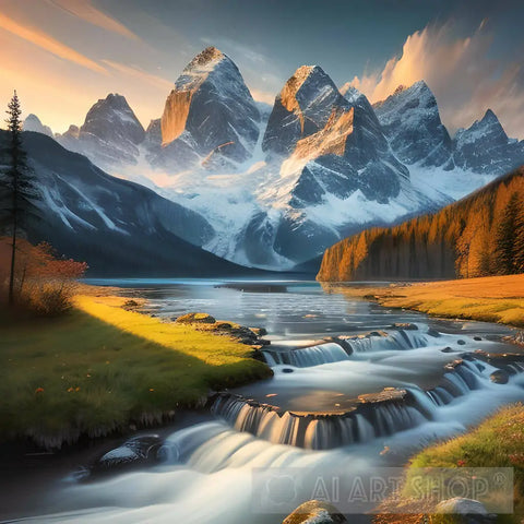 A Lot Of Mountains And Waterfall In The Middle Landscape Ai Art