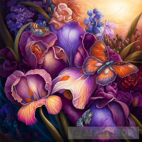A Lush Bouquet Of Violet And Peach Irises Butterflies Decadent Art Made By Ai Painting