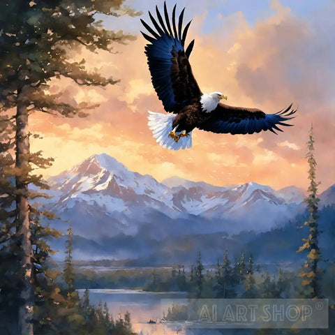 A Majestic Eagle Soaring Above The Forest. Animal Ai Art