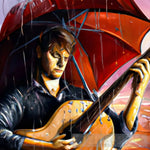 A Man Playing The Guitar In Rain Holding An Umbrella Ai Painting
