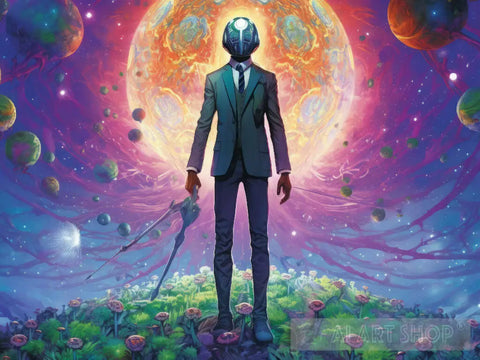 A Man Wearing A Sleek Futuristic Suit Stands On Vibrant Alien Planet Ai Artwork