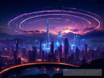 A Mesmerizing Futuristic Cityscape Viewed Through A Circular Frame Made Of Blue And Purple Neon
