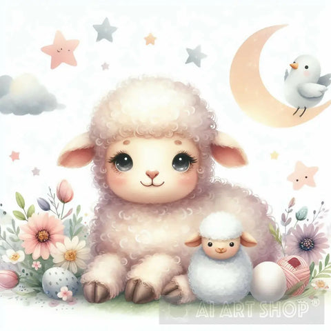 A Mother Sheep And Her Baby Lamb In A Field Of Flowers Animal Ai Art