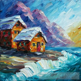 A Mountain Village Made Up Of Wooden Huts With Falling Snow Using The Impasto Technique And Acrylic