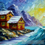 A Mountain Village Made Up Of Wooden Huts With Falling Snow Using The Impasto Technique And Acrylic