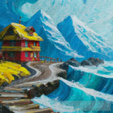 A Mountain Village Made Up Of Wooden Huts With Falling Snow Using The Impasto Technique And Acrylic