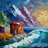 A Mountain Village Made Up Of Wooden Huts With Falling Snow Using The Impasto Technique And Acrylic