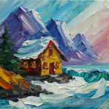 A Mountain Village Made Up Of Wooden Huts With Falling Snow Using The Impasto Technique And Acrylic