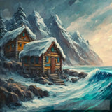 A Mountain Village Made Up Of Wooden Huts With Falling Snow Using The Impasto Technique And Acrylic
