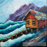 A Mountain Village Made Up Of Wooden Huts With Falling Snow Using The Impasto Technique And Acrylic