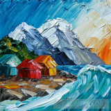 A Mountain Village Made Up Of Wooden Huts With Falling Snow Using The Impasto Technique And Acrylic