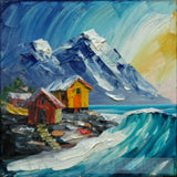 A Mountain Village Made Up Of Wooden Huts With Falling Snow Using The Impasto Technique And Acrylic