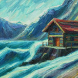 A Mountain Village Made Up Of Wooden Huts With Falling Snow Using The Impasto Technique And Acrylic