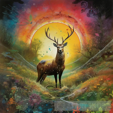 A Painting Of Deer In The Forest Ai